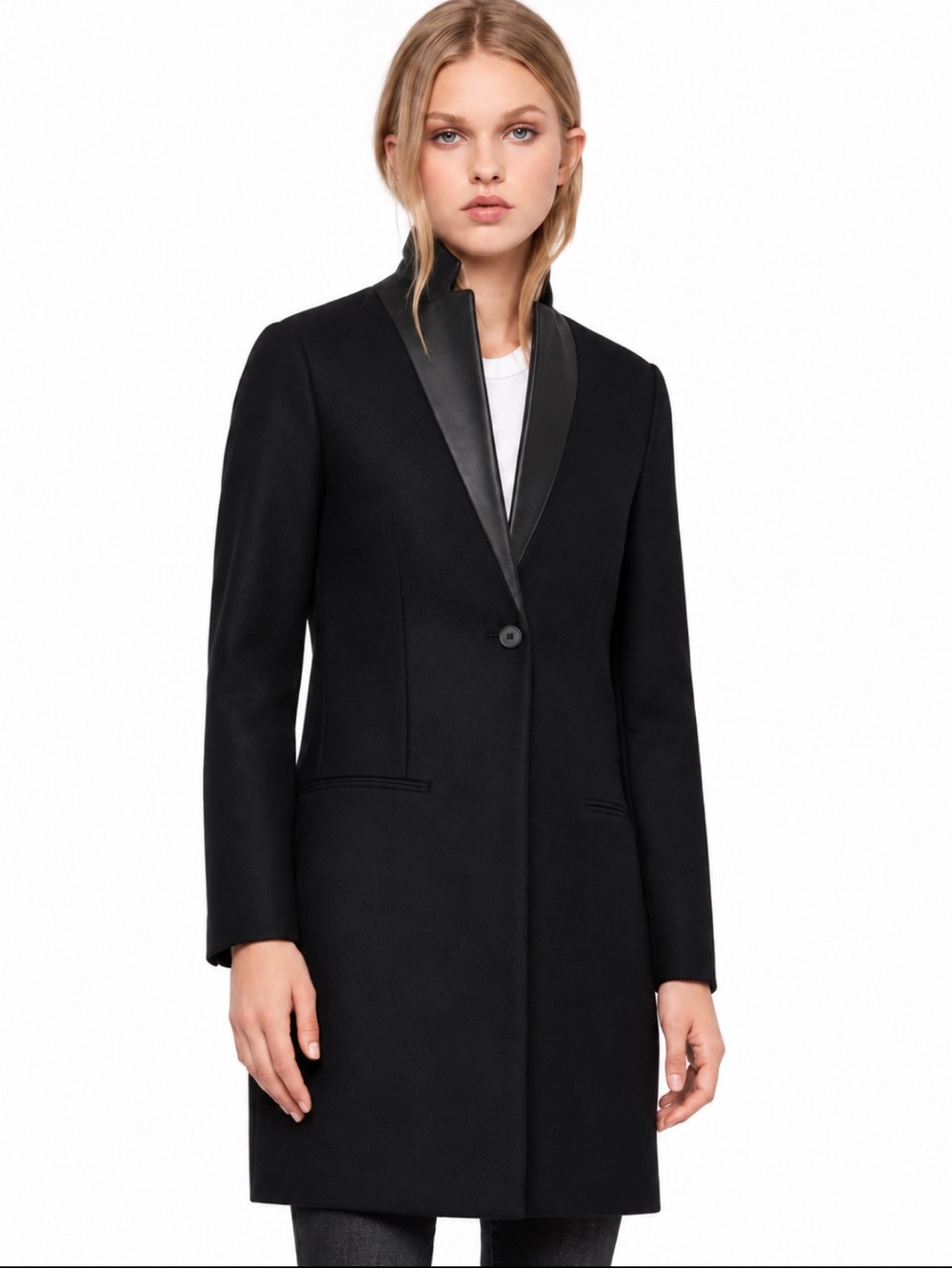 AllSaints Leni Coat Black Wool Lamb Leather Trim US Size 2 EUC!